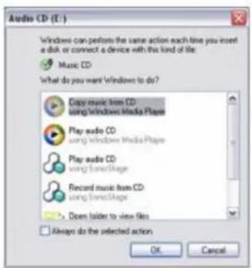 Audio CD (C:) Windows can perform the same action each time you insert a disk or connect a device with this kind of file: Music CD What do you want Windows to do? Copy music from CD using Windows Media Player Play audio CD using Windows Media Player Play audio CD using TimeShape Record music from CD using TimeShape > Does folder to view files Always do the selected actions OK Cancel
