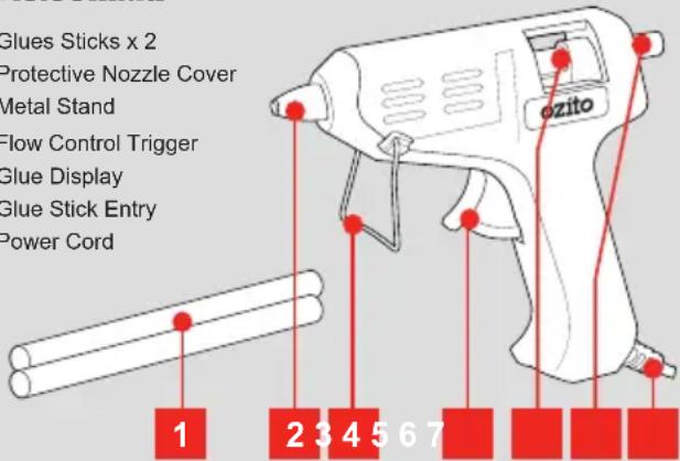 Glues Sticks x 2 Protective Nozzle Cover Metal Stand Flow Control Trigger Glue Display Glue Stick Entry Power Cord 1 2 3 4 5 6 7