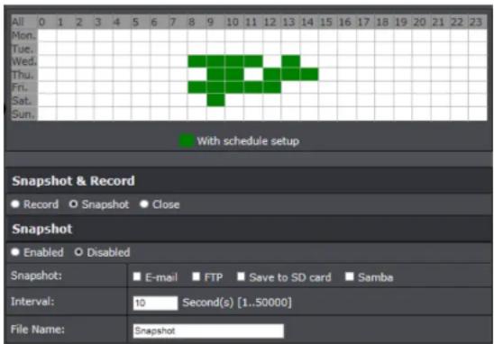 All 0 1 2 3 4 5 6 7 8 9 10 11 12 13 14 15 16 17 18 19 20 21 22 23 Mon. Tue. Wed. Thu. Fri. Sat. Sum. With schedule setup Snapshot & Record ● Record ○ Snapshot ● Close Snapshot ● Enabled ○ Disabled Snapshot: ▪ E-mail ▪ FTP ▪ Save to SD card ▪ Samba Interval: 10 Second(s) [1..50000] File Name: Snapshot