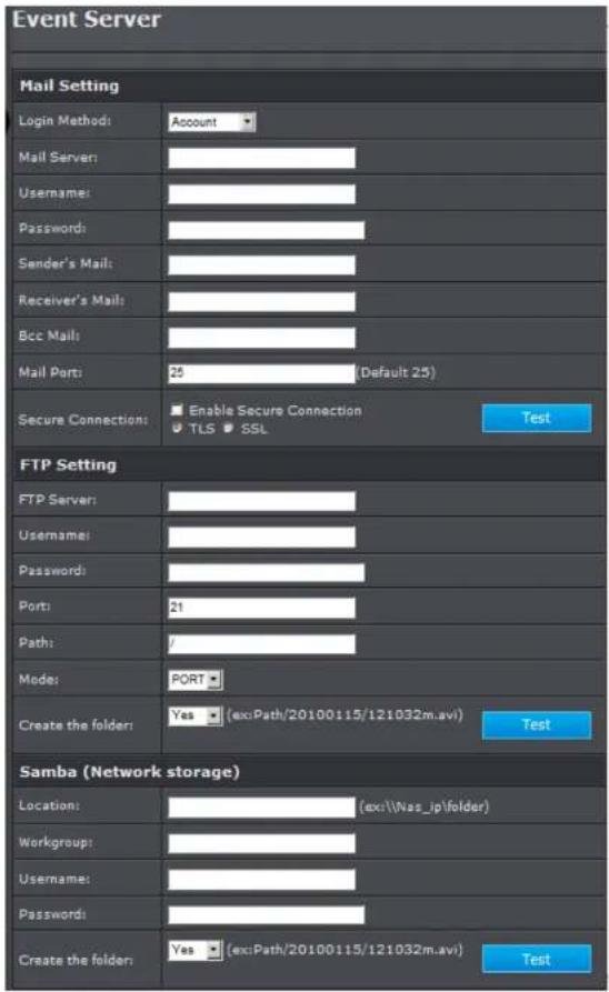 Event Server Mail Setting Login Method: Account Mail Server: Username: Password: Sender's Mail: Receiver's Mail: Bcc Mail: Mail Port: 25 (Default 25) Secure Connection: Enable Secure Connection TLS SSL Test FTP Setting FTP Server: Username: Password: Port: 21 Path: / Mode: PORT Create the folder: Yes (ex:Path/20100115/121032m.avi) Test Samba (Network storage) Location: (ex:\Nas_ip\folder) Workgroup: Username: Passwords: Create the folder: Yes (ex:Path/20100115/121032m.avi) Test