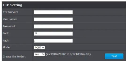 FTP Setting FTP Server: Username: Password: Port: 21 Path: / Mode: PORT ✓ Create the folder: Yes ✓ (ex:Path/20100115/121032m.avi) Test