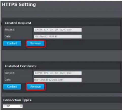 HTTPS Setting Created Request Subject: C=TW, ST+, LN-, Or-, OU+, CN= Date: 2014/Mar/12 16:58:10 Content Remove Installed Certificate Subject: C=TW, ST+, LN-, Or-, OU+, CN= Date: Mar-14-08-45-42 20:10 GMT Content Remove Connection Types HTTP