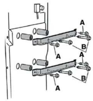 Technical diagram showing two mechanical assembly configurations labeled A and B with directional arrows and components