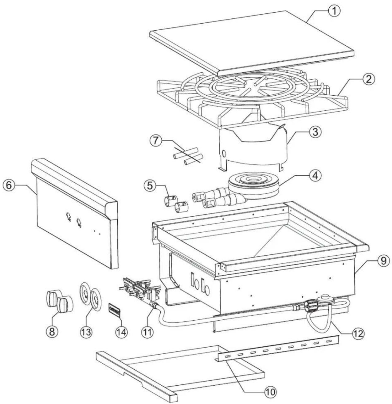Exploded view diagram of a refrigerator assembly with numbered parts for identification