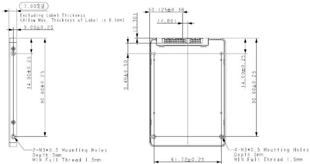 7.00厚线 Excluding Label Thickness (Allow Max. Thickness of Label is 0.1mm) 3.00±0.25 14.00±0.25 90.60±0.25 2-M3*0.5 Mounting Holes Depth 5mm MIN Full Thread 1.5mm 30.125±0.38 (0.30) (4.80) 9.40±0.50 14.00±0.25 90.60±0.25 61.72±0.25 4-M3*0.5 Mounting Holes Depth 5mm MIN Full Thread 1.5mm