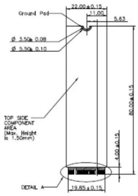 Ground Pad 22.00 ± 0.15 11.00 5.63 Ø 3.50 ± 0.08 Ø 5.50 ± 0.10 TOP SIDE COMPONENT AREA (Max, Height is 1.50mm) DETAIL A 19.85 ± 0.15 80.00 ± 0.15 4.00 ± 0.15