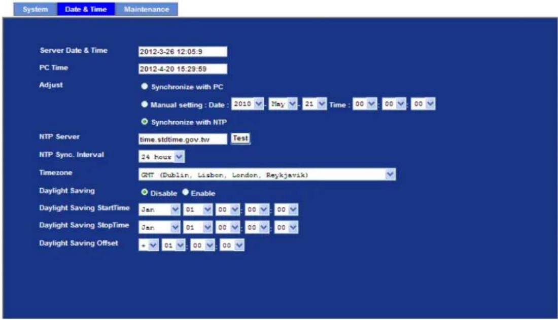 System Date & Time Maintenance Server Date & Time 2012-3-26 12:05:9 PC Time 2012-4-20 15:29:59 Adjust Synchronize with PC Manual setting : Date : 2010 May 21 Time : 00 00 00 Synchronize with NTP NTP Server time.stdtime.gov.tw Test NTP Sync. Interval 24 hour Timezone GMT (Dublin, Lisbon, London, Reykjavik) Daylight Saving Disable Enable Daylight Saving StartTime Jan 01 00 00 00 Daylight Saving StopTime Jan 01 00 00 00 Daylight Saving Offset + 01 00 00
