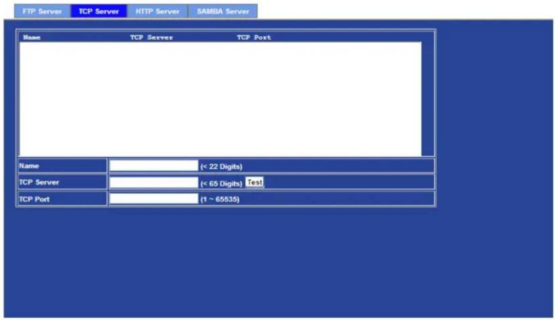 FTP Server TCP Server HTTP Server SAMBA Server Name TCP Server TCP Port Name (< 22 Digits) TCP Server (< 65 Digits) Test TCP Port (1 ~ 65535)