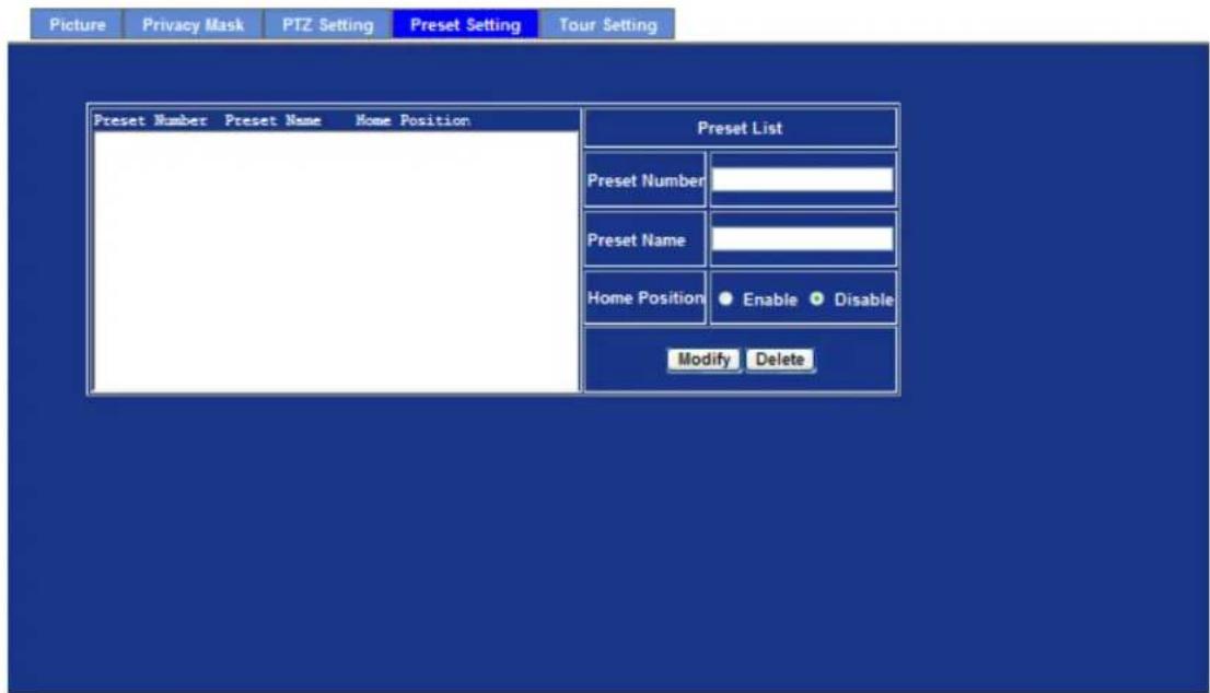 Picture Privacy Mask PTZ Setting Preset Setting Tour Setting Preset Number Preset Name Home Position Preset List Preset Number Preset Name Home Position Enable Disable Modify Delete
