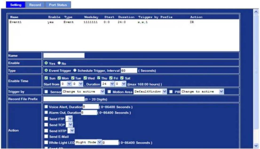 Setting Record Port Status Name Enable Type Weekday Start Duration Trigger by Prefix Action Event1 yes Event 1111111 0:0 24:0 x,x,1 IR Name Enable Yes No Type Event Trigger Schedule Trigger, Interval 60 (Seconds) Enable Time Sun Mon Tue Wed Thu Fri Sat Start from 0 0 , Duration 24 0 ((max 168:00 hours)) Trigger by Sensor Change to active Motion Area DefaultWindow PIR Change to active Record File Prefix (0 ~ 20 Digits) Action Voice Alert, Duration 5 (0~86400 Seconds) Alarm Out, Duration 5 (0~86400 Seconds) Send FTP Send TCP Send HTTP Send E-Mail White-Light LED Night Mode 0 (0~86400 Seconds) Send FP