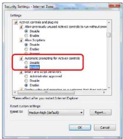 Security Settings - Internet Zone Settings Activex controls and plug ins Allow previously unused Activex controls to run without proo Disable Enable Allow Scriptless Disable Enable Reset Automatic prompting for Activex controls Disable Enable Binary and script behaviors Administrator approved Disable Enable Display video and animation on a software that does not use * *Takes effect after you reset Internet Explorer Reset custom settings Reset to: Medium-High (default) Reset... OK Cancel