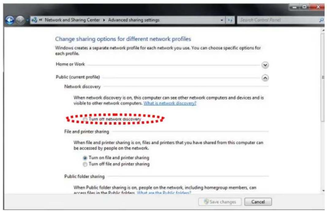 Network and Sharing Center ▶ Advanced sharing settings Change sharing options for different network profiles Windows creates a separate network profile for each network you use. You can choose specific options for each profile. Home or Work Public (current profile) Network discovery When network discovery is on, this computer can see other network computers and devices and is visible to other network computers. What is network discovery? Turn off network discovery File and printer sharing When file and printer sharing is on, files and printers that you have shared from this computer can be accessed by people on the network. Turn on file and printer sharing Turn off file and printer sharing Public folder sharing When Public folder sharing is on, people on the network, including homegroup members, can access files in the Public folders. What are the Public folders? Save changes Cancel