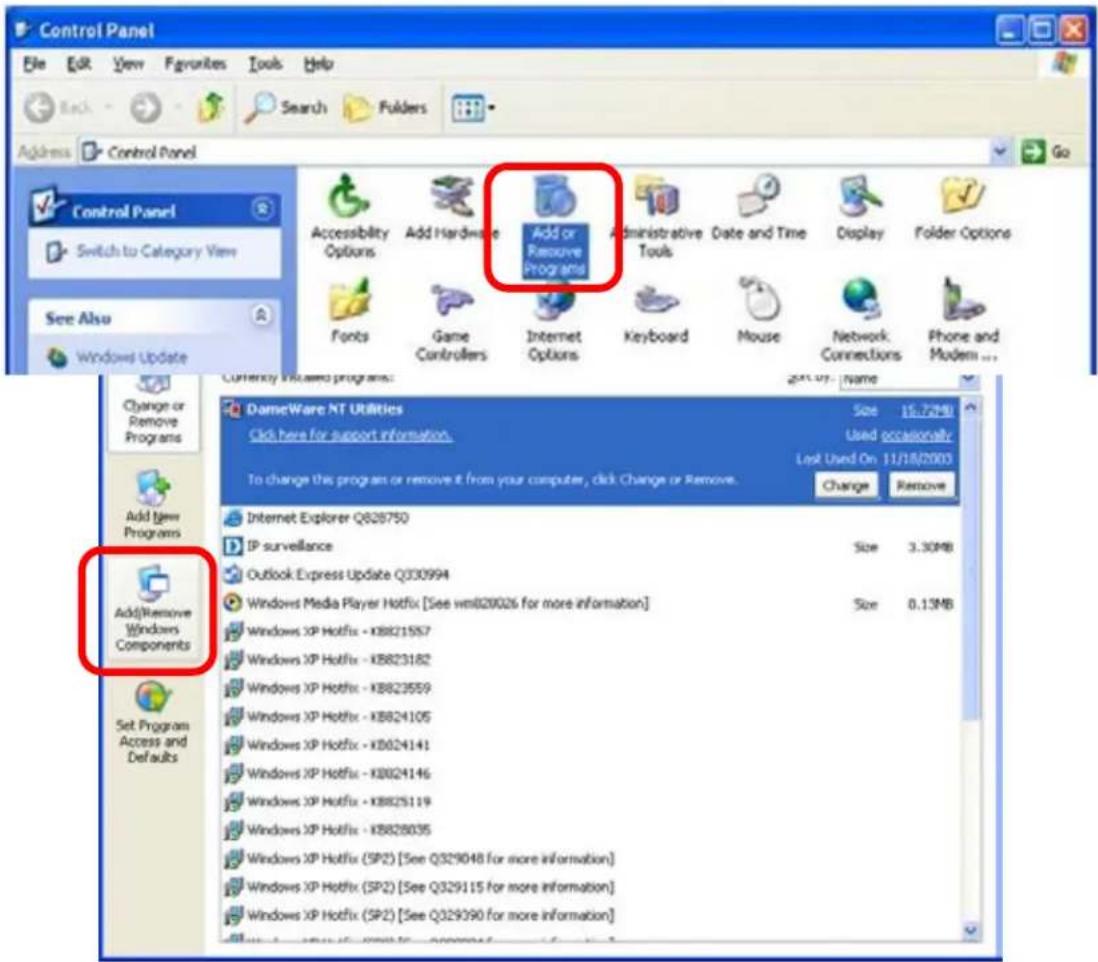 Control Panel File Edit View Favorites Tools Help Search Folders Address Control Panel Control Panel Switch to Category View See Also Windows Update Add Hardware Add or Remove Programs Accessibility Options Administrative Tools Date and Time Display Folder Options Fonts Game Controllers Internet Options Keyboard Mouse Network Connections Phone and Modem... Currency: Not Covered programs: 2015.07.1 name DameWare NT Utilities Click here for support information. Used occasionally Last Used On 11/18/2003 To change this program or remove it from your computer, click Change or Remove. Change Remove Internet Explorer Q626750 IP surveillance Size 15.72MB Outlook Express Update Q330994 Size 3.30MB Windows Media Player Hotfix [See wms820026 for more information] Size 0.13MB Windows XP Hotfix - KB821587 Windows XP Hotfix - KB823182 Windows XP Hotfix - KB823559 Windows XP Hotfix - KB824105 Windows XP Hotfix - KB824141 Windows XP Hotfix - KB824146 Windows XP Hotfix - KB825119 Windows XP Hotfix - KB826035 Windows XP Hotfix (SP2) [See Q329048 for more information] Windows XP Hotfix (SP2) [See Q329115 for more information] Windows XP Hotfix (SP2) [See Q329390 for more information]