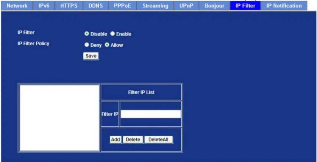 Network IPv6 HTTPS DDNS PPPoE Streaming UPnP Bonjour IP Filter IP Notification IP Filter IP Filter Policy Disable Enable Deny Allow Save Filter IP List Filter IP Add Delete DeleteAll
