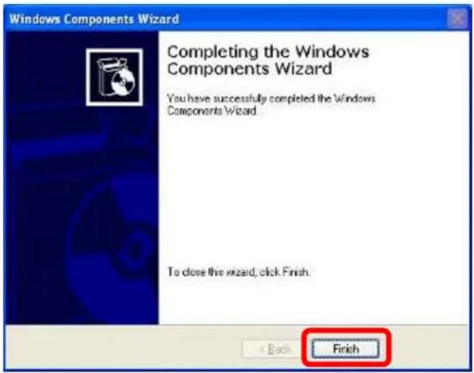 Windows Components Wizard Completing the Windows Components Wizard You have successfully completed the Windows Components Wizard. To close this wizard, click Finish. < Back Finish