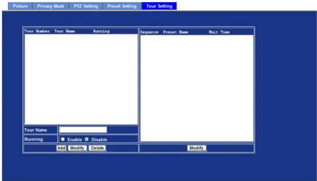 Picture Privacy Mask PTZ Setting Preset Setting Tour Setting Tour Number Tour Name Running Sequence Preset Name Wait Time Tour Name Running Enable Disable Add Modify Delete Modify