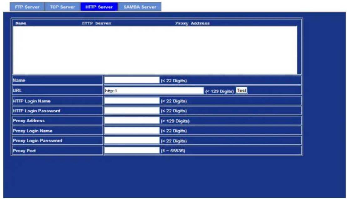 FTP Server TCP Server HTTP Server SAMBA Server Name HTTP Server Proxy Address Name (< 22 Digits) URL http:// (< 129 Digits) Test HTTP Login Name (< 22 Digits) HTTP Login Password (< 22 Digits) Proxy Address (< 129 Digits) Proxy Login Name (< 22 Digits) Proxy Login Password (< 22 Digits) Proxy Port (1 ~ 65535)