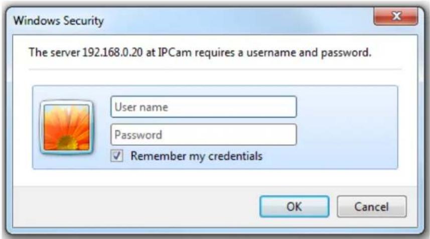 Windows Security The server 192.168.0.20 at IPCam requires a username and password. User name Password ✓ Remember my credentials OK Cancel