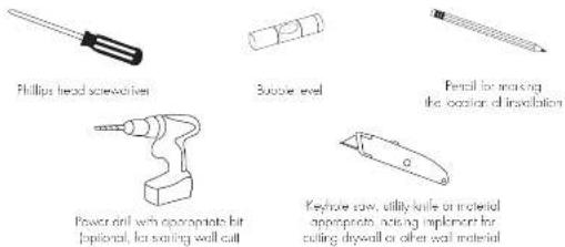 Phillips head screwdriver Buckie level Fencil for marking the opening of the section Power drill with opoprate bit (optional), for starting well cut Keyhole saw, utility knife or material opoprate, using implement for closing drywall or other wall material