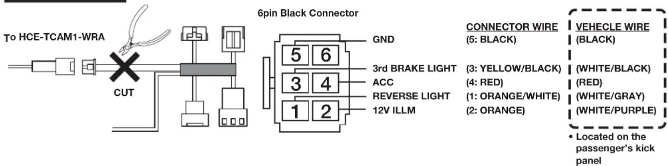To HCE-TCAM1-WRA CUT 6pin Black Connector GND 5 6 3rd BRAKE LIGHT ACC REVERSE LIGHT 12V ILLM CONNECTOR WIRE (5: BLACK) (3: YELLOW/BLACK) (4: RED) (1: ORANGE/WHITE) (2: ORANGE) VEHICLE WIRE (BLACK) (WHITE/BLACK) (RED) (WHITE/GRAY) (WHITE/PURPLE) • Located on the passenger's kick panel