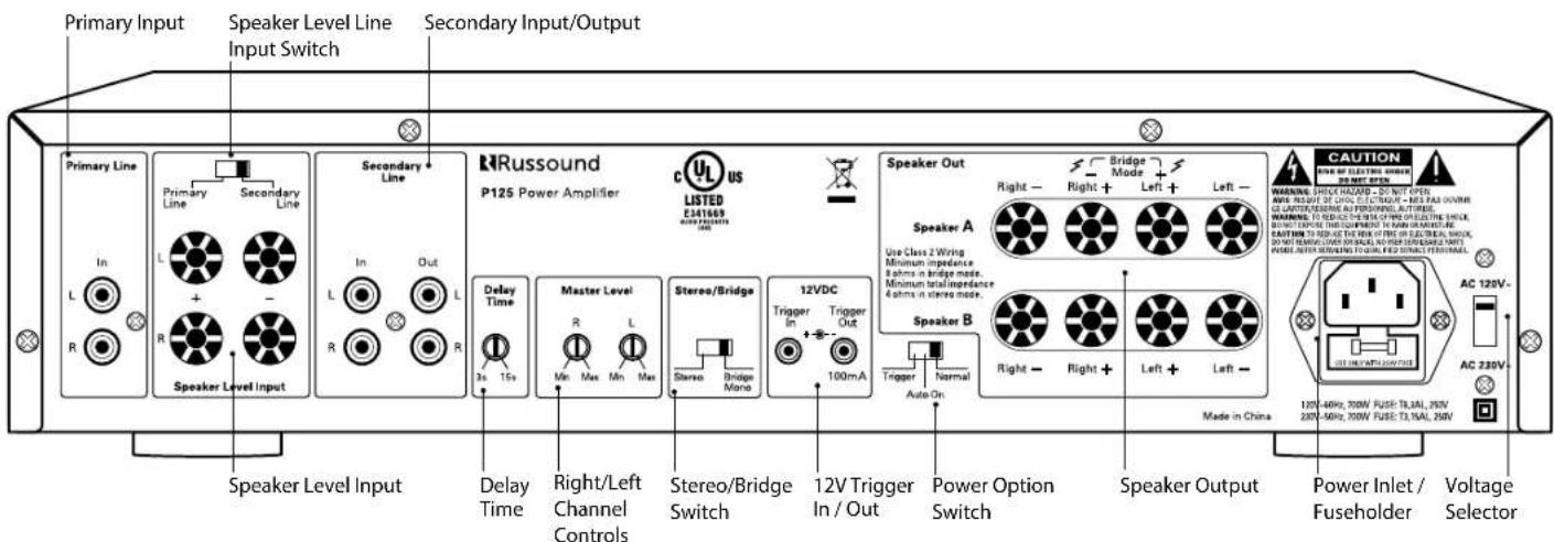 Primary Input Speaker Level Line Input Switch Secondary Input/Output Primary Line Speaker Level Input Primary Line Secondary Line Speaker Level Input Speaker Level Input Delay Time Master Level Stereo/Bridge 12VDC Speaker Out Bridge Mode Speaker A Use Class 2 Wiring Minimum impedance 3 ohms in bridge mode Minimum total impedance 4 ohms in stereo mode. Speaker B Trigger Normal Auto On Speaker Level Input Delay Time Right/Left Channel Controls Stereo/Bridge Switch 12V Trigger In / Out Power Option Switch Speaker Output Power Inlet / Fuseholder Voltage Selector CAUTION WARNING: SHOCK HAZARD - DO NOT OPEN AWR INSIGHT OF CHINA ELECTRONIC - MAX FAIR DOWN UL CANTIN/SENIK/AU PERSPECTOR/REVERSE WARNING: TO REDUCE THE RASS OF ELECTRIC RELIE, BOW TO EXPOSE THE EQUIPMENT TO RAW MEETING THE CAUTION TO SAVE THE RASS OF ELECTRIC RELIE, DO NOT REMAIN ON PAINTAL NO PERIPEAKED WITH POWER AFTER SERVING TO DUAL FED SIGNAL FEREMINAL Made in China AC 120V~ AC 230V~ 120V-40Hz, 700W FUSE: TR,3AL, 25V/ 220V-50Hz, 700W FUSE: T3,16AL, 25V