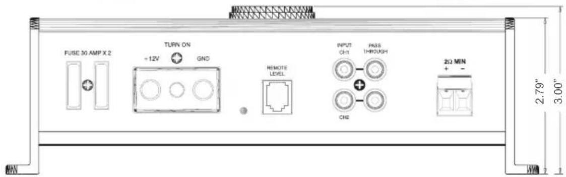 FUSE 30 AMP X 2 +12V GND TURN ON REMOTE LEVEL INPUT CH1 PASS INTHROUGH CN2 20 MIN + - 2.79" 3.00"