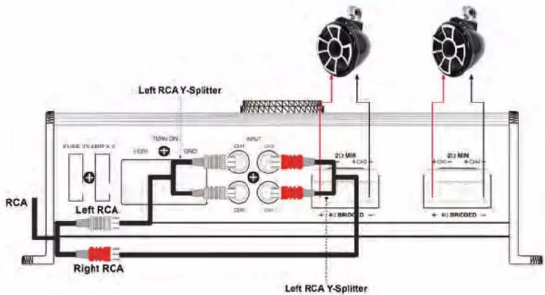 Left RCA Y-Splitter FUBE 25 AMP x.2 H2V TURN ON GND INPUT CH1 CH2 20 MIN +CH3 RCA Left RCA Right RCA 41 BRICDED 20 MIN +CH3 +41 BRICDED Left RCA Y-Splitter
