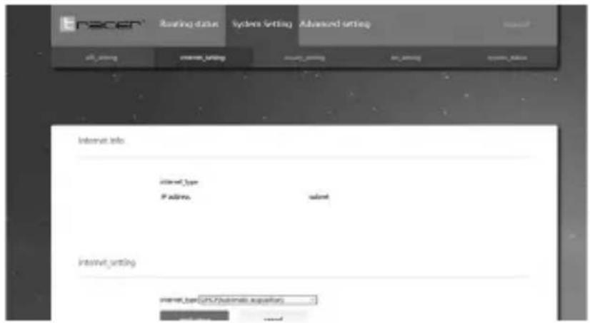 RACER Routing data System Setting Advanced setting all Zhang Internet signing Password to Zhang System IDs Internet info Internet_type Password alert Internet setting Internet_type(CS/Automatic exploitation) Copyrighting used