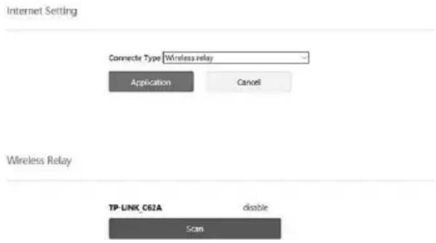 Internet Setting Connecte Type Wireless relay Application Cancel Wireless Relay TP-LINK_C62A disable Scan