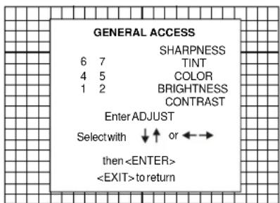 GENERAL ACCESS 6 7 TINT 4 5 COLOR 1 2 BRIGHTNESS CONTRAST Enter ADJUST Selectwith ↓ ↑ or ← → then to return