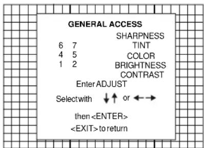GENERAL ACCESS 6 7 TINT 4 5 COLOR 1 2 BRIGHTNESS CONTRAST Enter ADJUST Selectwith ↓ or ←→ then to return