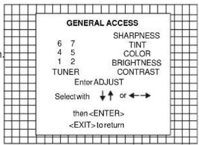 GENERAL ACCESS 6 7 TIN 4 5 COLOR 1 2 BRIGHTNESS TUNER CONTRAST Enter ADJUST Select with ↓ or ←→ then to return