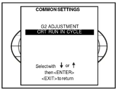COMMON SETTINGS G2 ADJUSTMENT CRT RUN IN CYCLE Selectwith ↓ or ↑ then to return