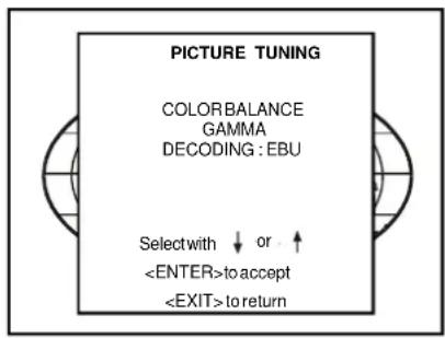 PICTURE TUNING COLORBALANCE GAMMA DECODING : EBU Select with ↓ or ↑ to accept to return