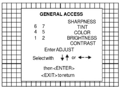 GENERAL ACCESS 6 7 TINT 4 5 COLOR 1 2 BRIGHTNESS CONTRAST Enter ADJUST Selectwith ↓ ↑ or ←→ then to return
