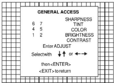 GENERAL ACCESS 6 7 TINT 4 5 COLOR 1 2 BRIGHTNESS CONTRAST Enter ADJUST Selectwith ↓ ↑ or ← → then to return