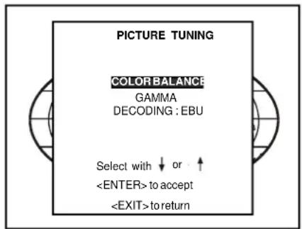 PICTURE TUNING COLOR BALANCE: GAMMA DECODING : EBU Select with ↓ or ↑ to accept to return