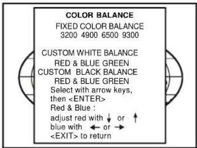 COLOR BALANCE FIXED COLOR BALANCE 3200 4900 6500 9300 CUSTOM WHITE BALANCE RED & BLUE GREEN CUSTOM BLACK BALANCE RED & BLUE GREEN Select with arrow keys, then Red & Blue : adjust red with ↓ or ↑ blue with ← or → to return