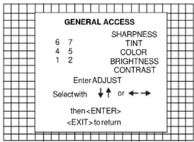 GENERAL ACCESS 6 7 TINT 4 5 COLOR 1 2 BRIGHTNESS CONTRAST Enter ADJUST Selectwith ↓ or ←→ then to return