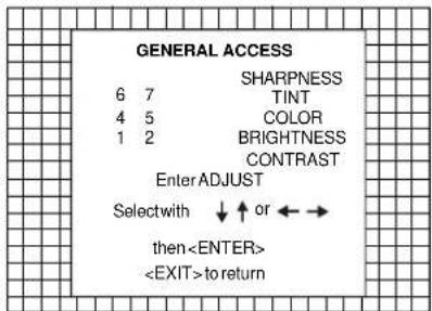 GENERAL ACCESS 6 7 SHARPNESS 4 5 TINT 1 2 COLOR BRIGHTNESS CONTRAST Enter ADJUST Selectwith ↓ ↑ or ← → then to return
