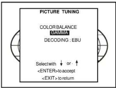 PICTURE TUNING COLOR BALANCE GAMMA DECODING : EBU Selectwith ↓ or ↑ to accept to return