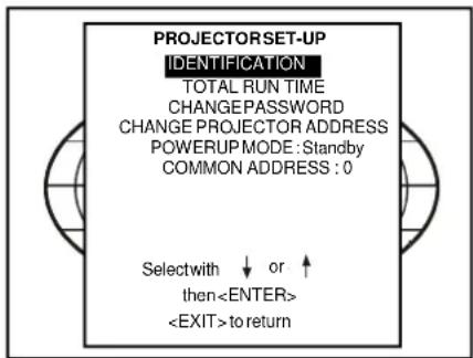 PROJECTORSET-UP IDENTIFICATION TOTAL RUN TIME CHANGE PASSWORD CHANGE PROJECTOR ADDRESS POWERUP MODE: Standby COMMON ADDRESS : 0 Selectwith ↓ or ↑ then to return