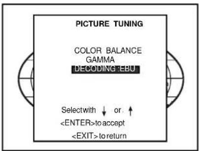 PICTURE TUNING COLOR BALANCE GAMMA DECODING: EBU Selectwith ↓ or. ↑ to accept to return