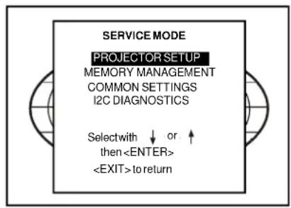 SERVICE MODE PROJECTOR SETUP MEMORY MANAGEMENT COMMON SETTINGS I2C DIAGNOSTICS Selectwith ↓ or ↑ then to return