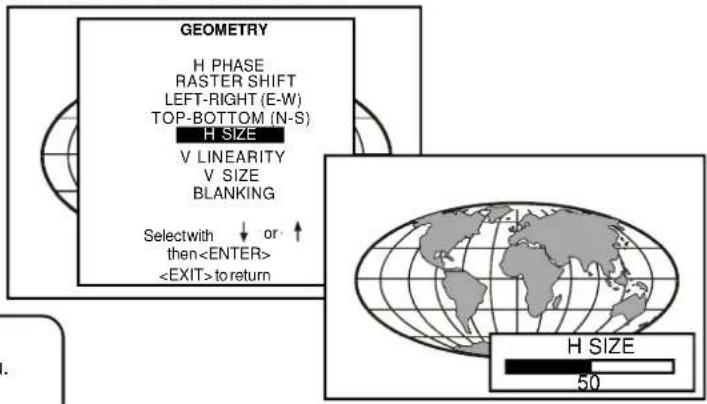 GEOMETRY H PHASE RASTER SHIFT LEFT-RIGHT (E-W) TOP-BOTTOM (N-S) H SIZE V LINEARITY V SIZE BLANKING Selectwith ↓ or ↑ then to return H SIZE 50