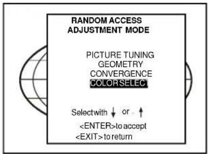 RANDOM ACCESS ADJUSTMENT MODE PICTURE TUNING GEOMETRY CONVERGENCE COLORSELECT Selectwith ↓ or ↑ to accept to return