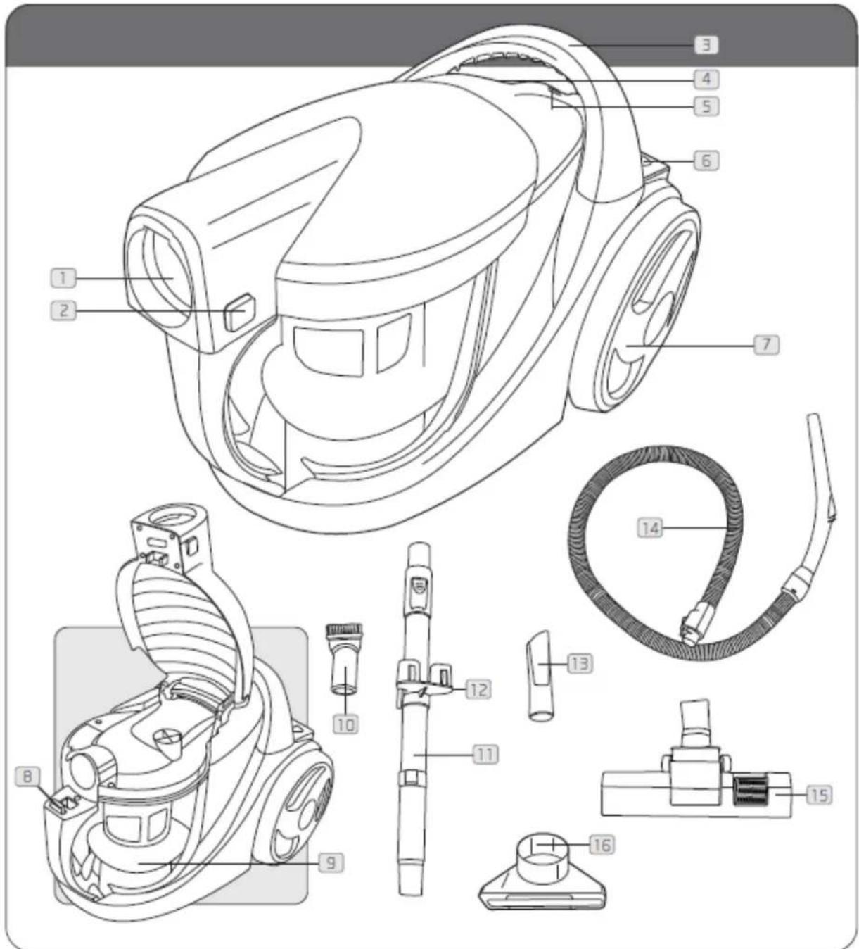 Technical diagram of a vacuum cleaner with numbered parts for identification and assembly reference.