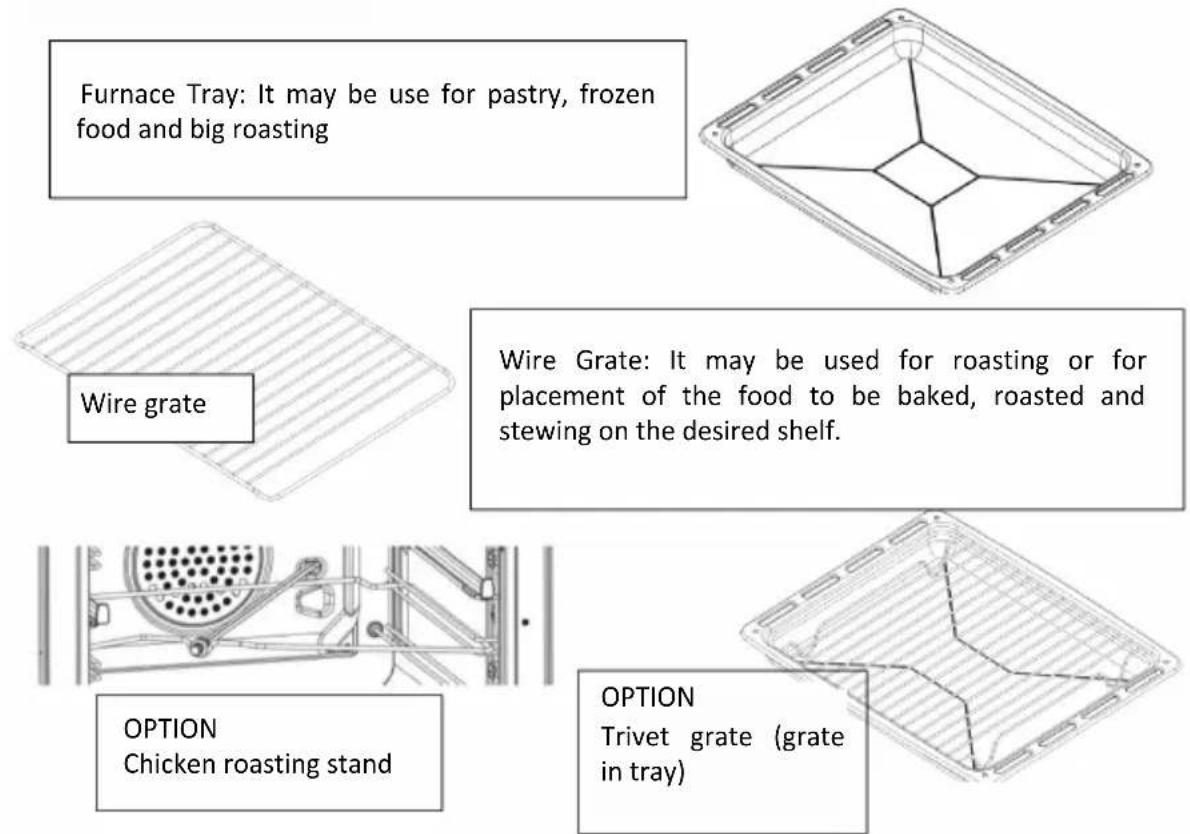 Furnace Tray: It may be use for pastry, frozen food and big roasting Wire grate Wire Grate: It may be used for roasting or for placement of the food to be baked, roasted and stewing on the desired shelf. OPTION Chicken roasting stand OPTION Trivet grate (grate in tray)