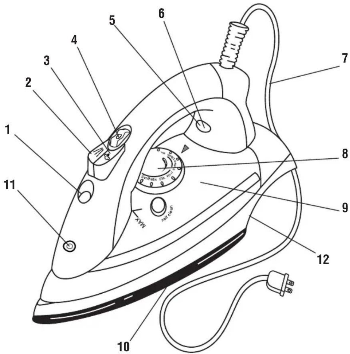 Labeled diagram of a steam iron with numbered parts for identification and assembly reference.