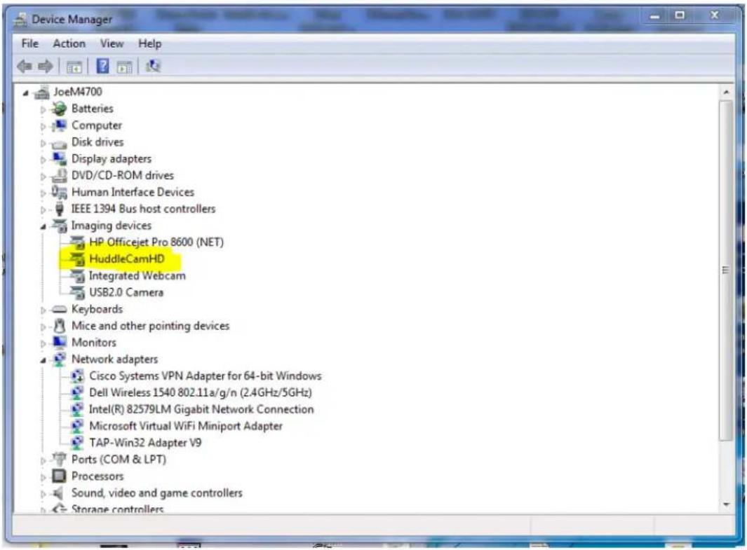 Device Manager File Action View Help JoeM4700 Batteries Computer Disk drives Display adapters DVD/CD-ROM drives Human Interface Devices IEEE 1394 Bus host controllers Imaging devices HP Officejet Pro 8600 (NET) HuddleCamHD Integrated Webcam USB2.0 Camera Keyboards Mice and other pointing devices Monitors Network adapters Cisco Systems VPN Adapter for 64-bit Windows Dell Wireless 1540 802.11a/g/n (2.4GHz/5GHz) Intel(R) 82579LM Gigabit Network Connection Microsoft Virtual WiFi Miniport Adapter TAP-Win32 Adapter V9 Ports (COM & LPT) Processors Sound, video and game controllers Storage controllers